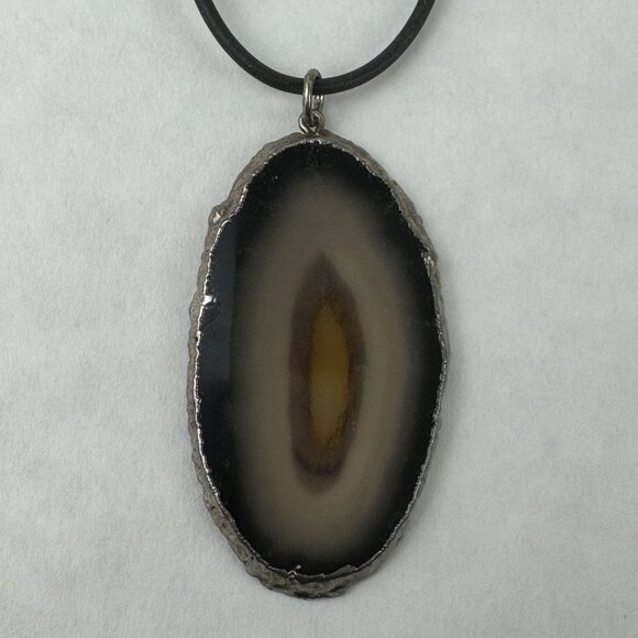 Natural Agate Slice Pendant Necklace With Black Cord Lobster Clasp Artisan 18" - Picture 6 of 10